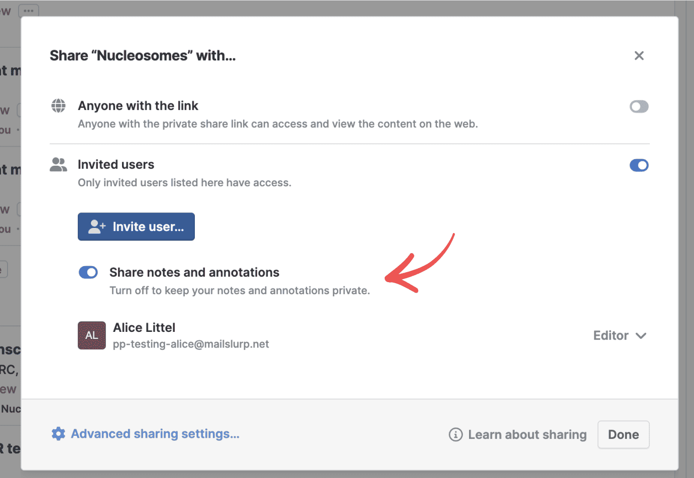 The “Share ‘Nucleosomes’ with…” dialog with an arrow pointing to the “Share notes and annotations” toggle, switched on, above an invited Editor and an “Advanced sharing settings…” link.